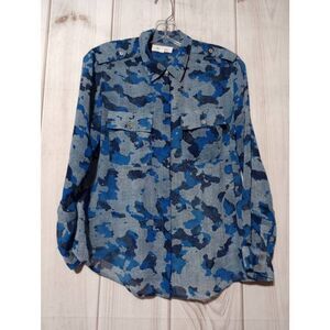 Vince Camuto Shirt Ladies Small Blue‎ Camouflage Button Front Semi Sheer